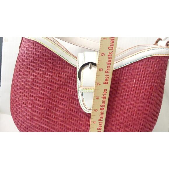 Pink Wicker Handbag Rattan White Leather Handle Buckle Elliott Lucca Colorful - Picture 8 of 13
